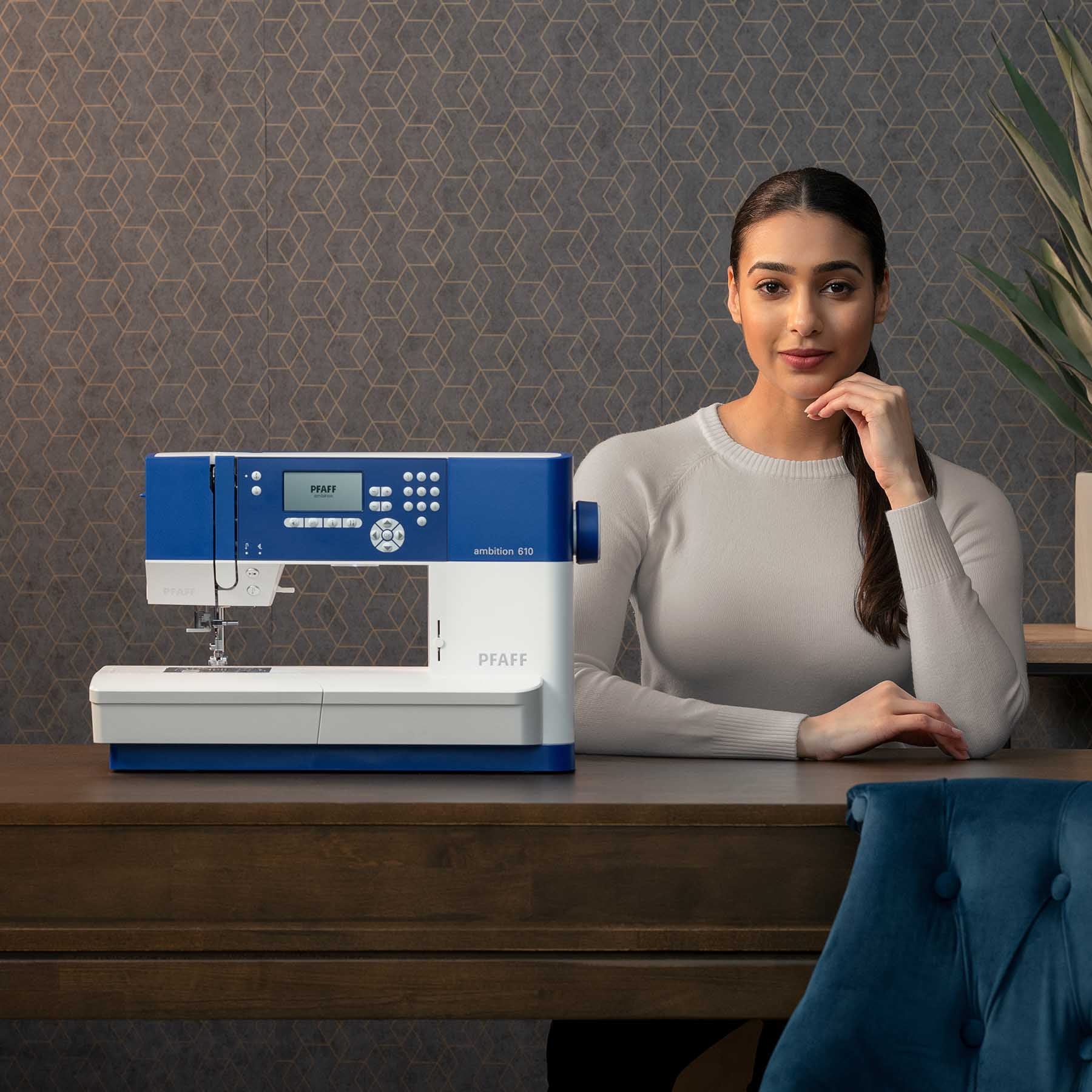 PFAFF® ambition™ 610 Blue Sewing Machine - Fashion Fabrics LLC