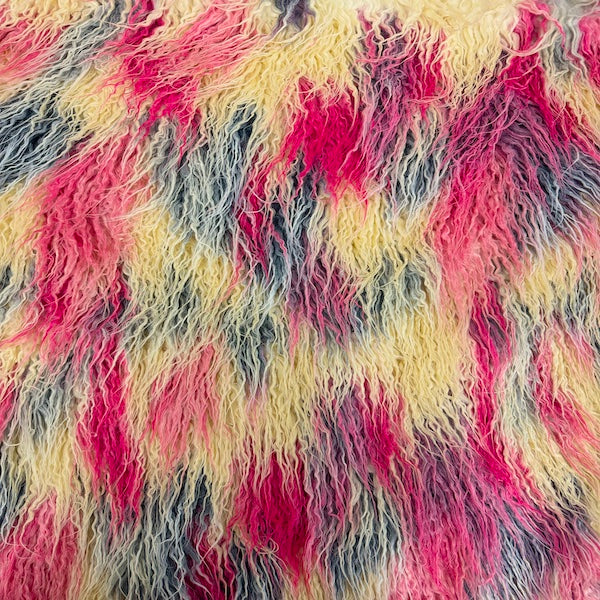 Beige Multicolor Curly Long Pile Faux Fur Fabric