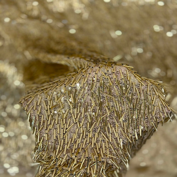 Gold French Fringe Sequins Fabric - Sold By The Yard