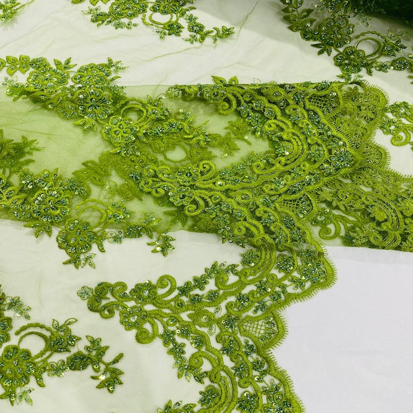 Helena Floral Beaded Lace Fabric - Fashion Fabrics LLC