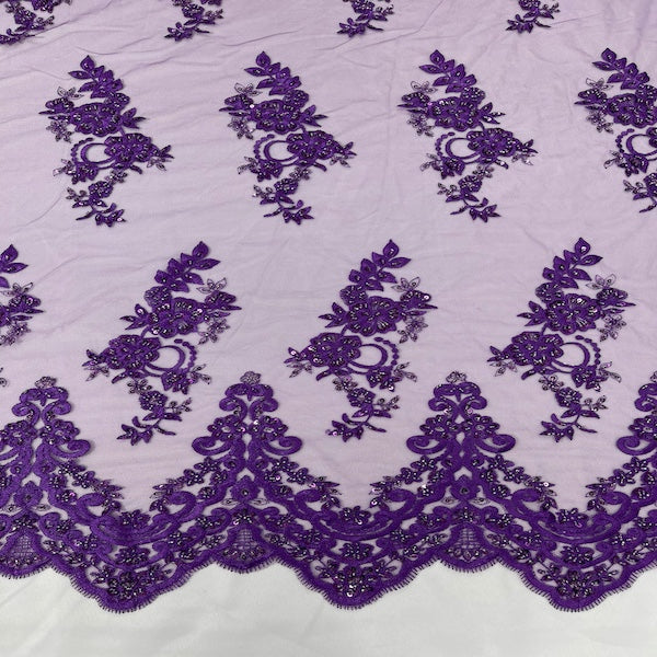 Helena Floral Beaded Lace Fabric - Fashion Fabrics LLC