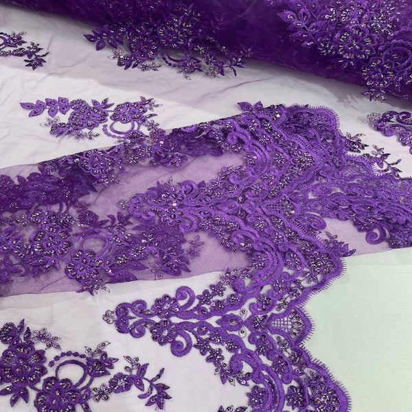 Helena Floral Beaded Lace Fabric - Fashion Fabrics LLC