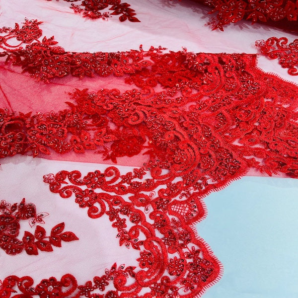 Helena Floral Beaded Lace Fabric - Fashion Fabrics LLC
