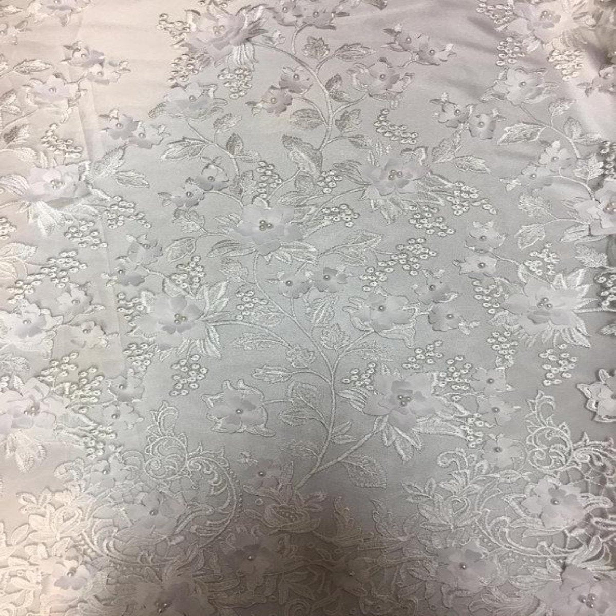 White 3D Embroidered Satin Floral Pearl Lace Fabric