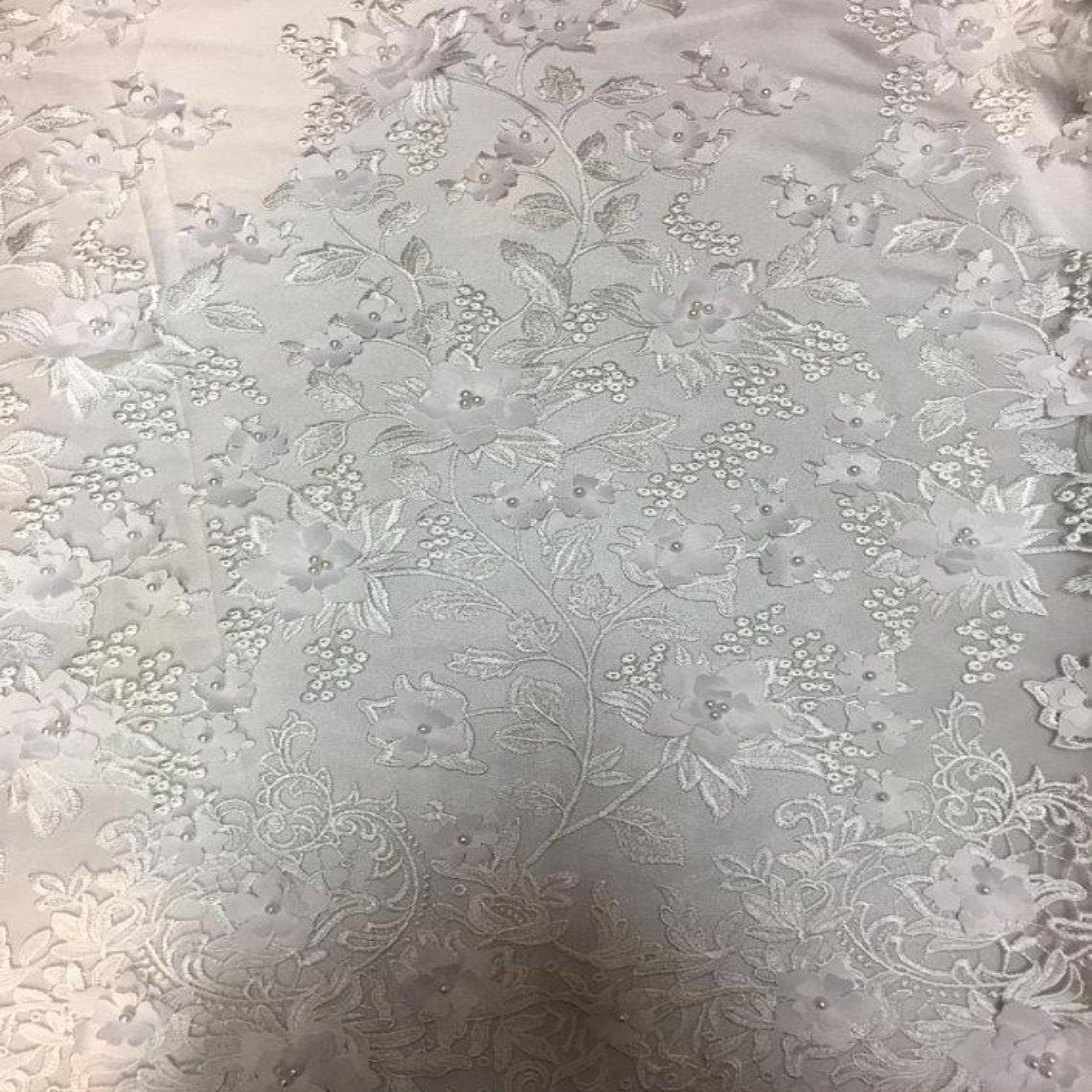 White 3D Embroidered Satin Floral Pearl Lace Fabric - Fashion Fabrics LLC