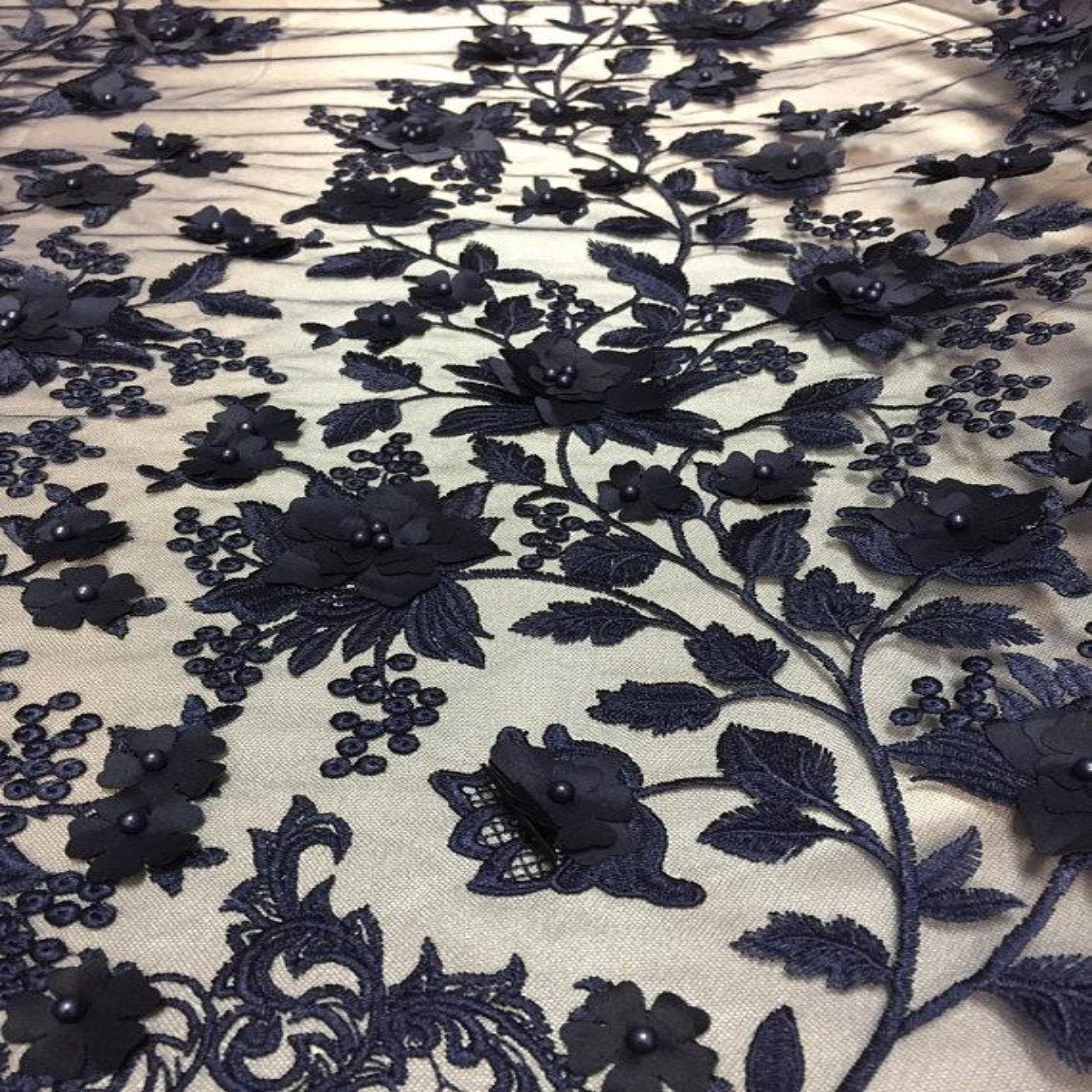 Navy Blue 3D Embroidered Satin Floral Pearl Lace Fabric - Fashion Fabrics LLC