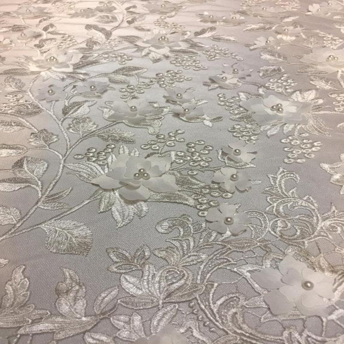Off White 3D Embroidered Satin Floral Pearl Lace Fabric - Fashion Fabrics LLC