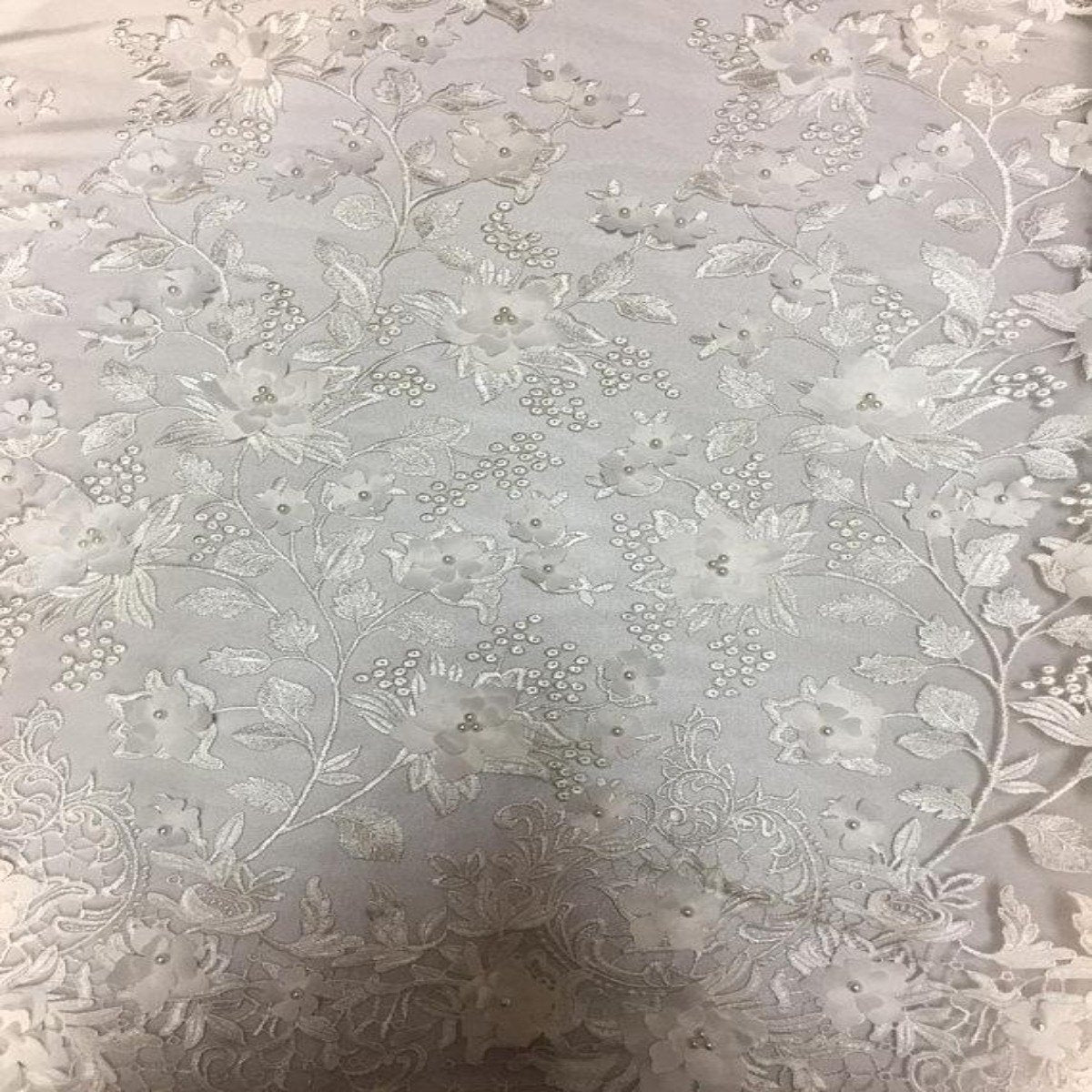 Off White 3D Embroidered Satin Floral Pearl Lace Fabric
