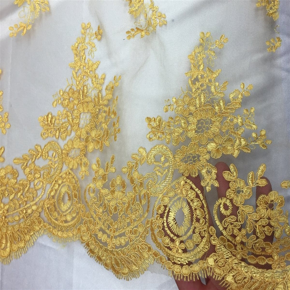 Yellow Oswald Embroidered Lace Fabric - Fashion Fabrics LLC