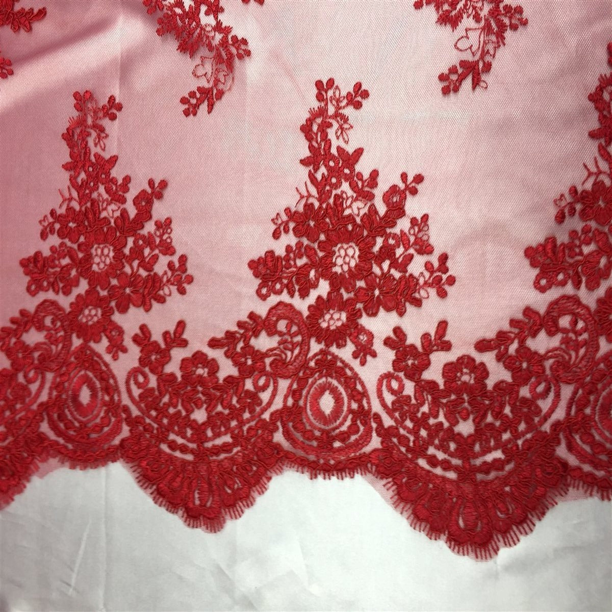 Red Oswald Embroidered Lace Fabric - Fashion Fabrics LLC