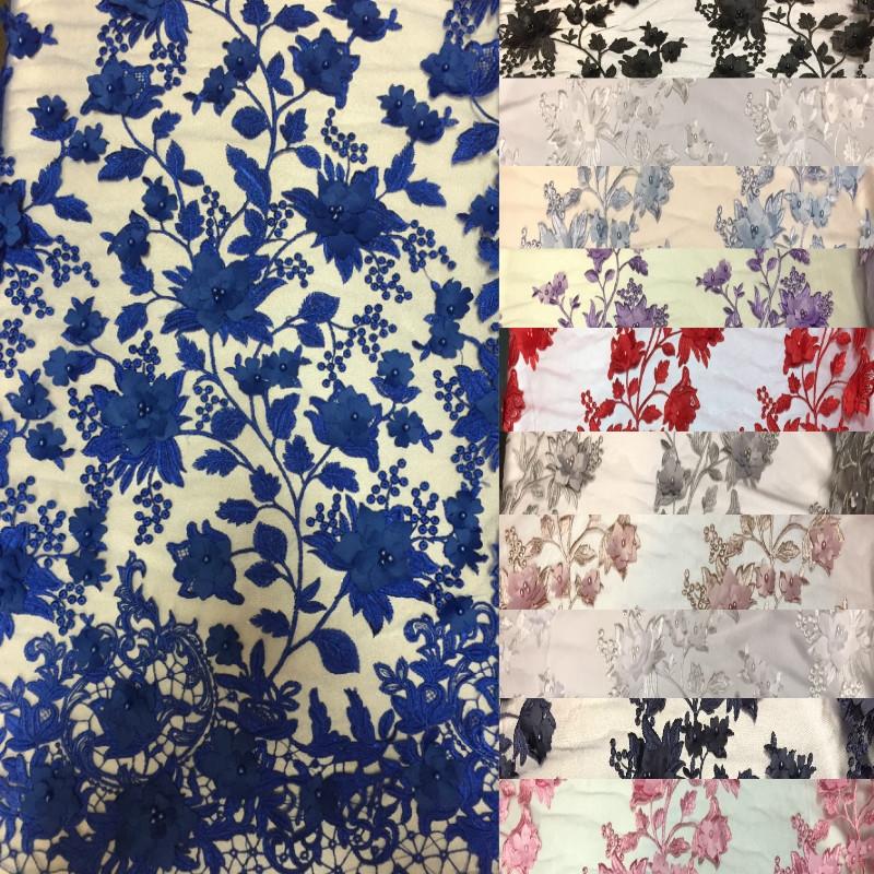 Royal Blue 3D Embroidered Satin Floral Pearl Lace Fabric - Fashion Fabrics LLC