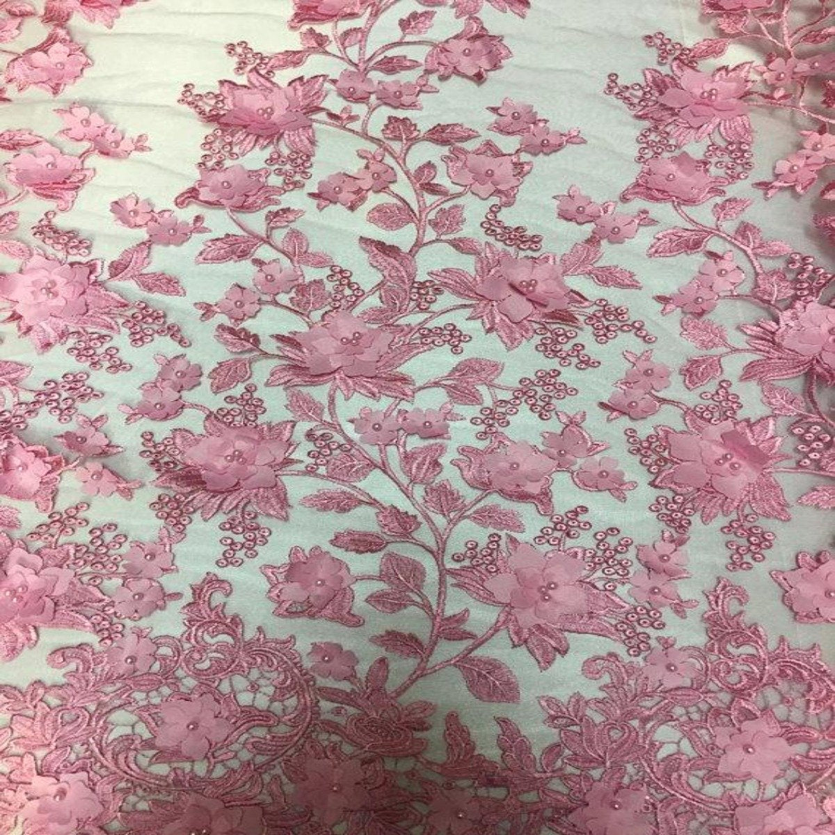 Pink 3D Embroidered Satin Floral Pearl Wedding Prom Formal Lace Fabric
