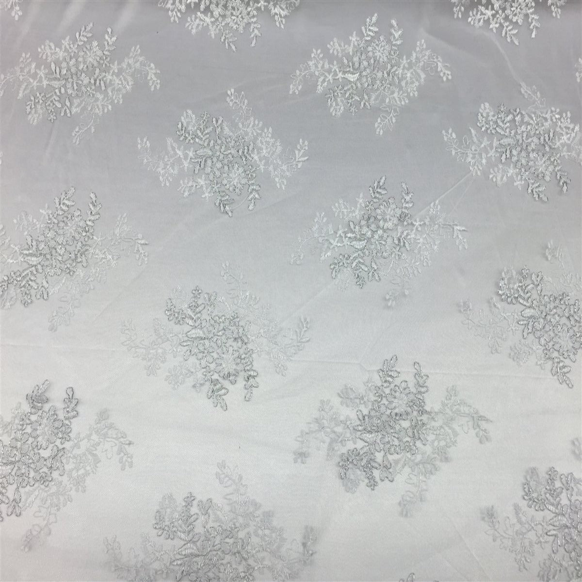 White Silver Oswald Embroidered Lace Fabric - Fashion Fabrics LLC