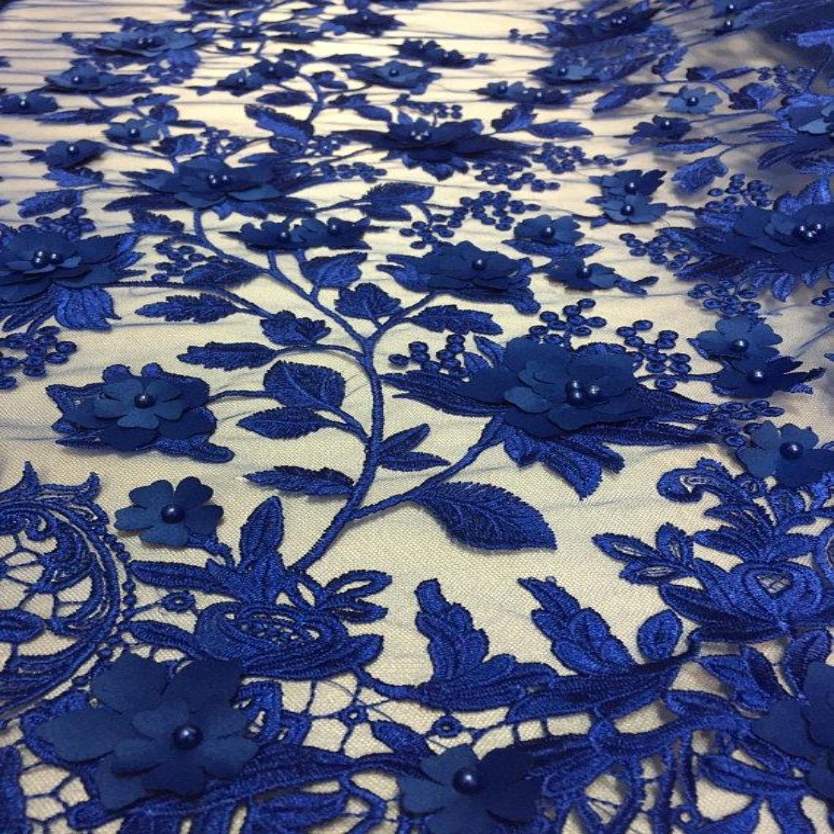 Royal Blue 3D Embroidered Satin Floral Pearl Lace Fabric - Fashion Fabrics LLC