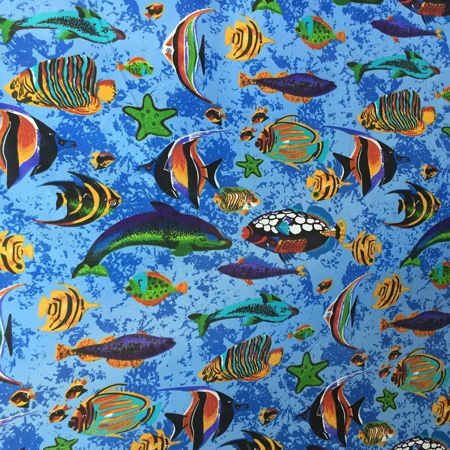 Aqua Blue Aquarium Fish Tank Print Poly Cotton Fabric - Fashion Fabrics Los Angeles