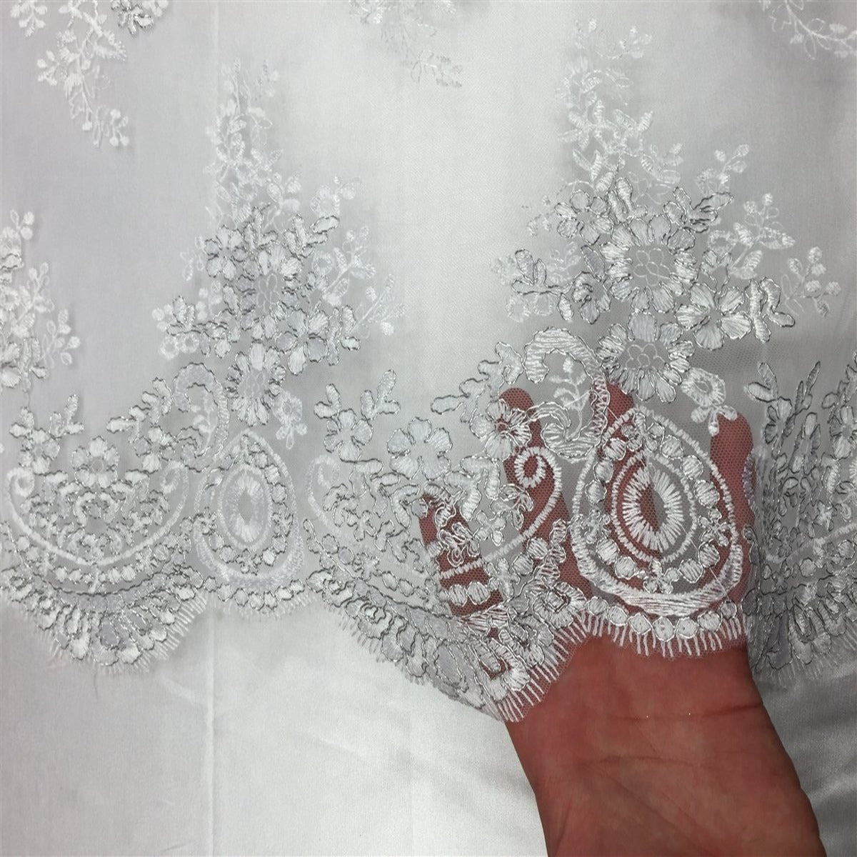 White Silver Oswald Embroidered Lace Fabric - Fashion Fabrics LLC
