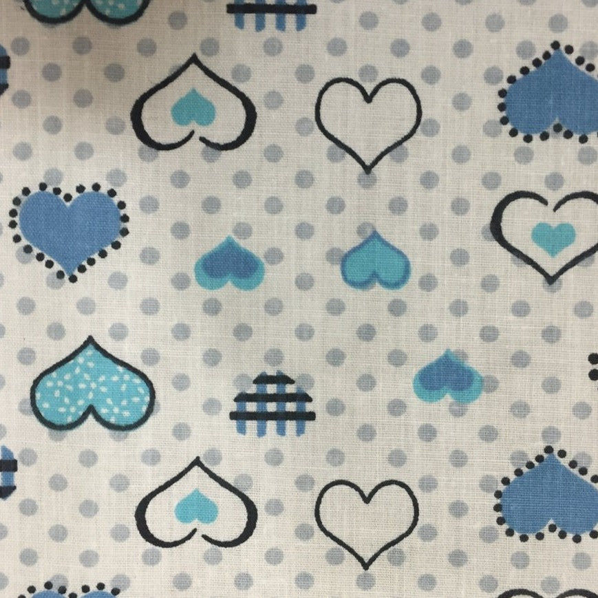 Blue Dotted Hearts Print Poly Cotton Fabric - Fashion Fabrics Los Angeles