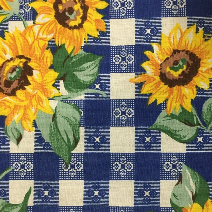 Blue Plaid Daisy Print Poly Cotton Fabric - Fashion Fabrics Los Angeles