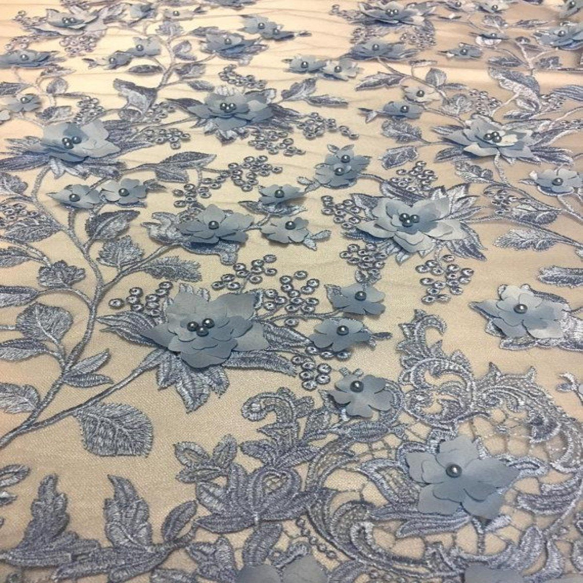 Baby Blue 3D Embroidered Satin Floral Pearl Lace Fabric - Fashion Fabrics LLC