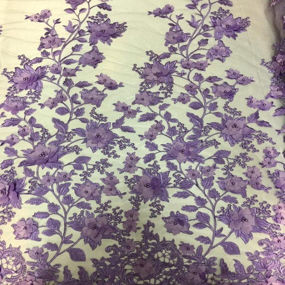 Lavender 3D Embroidered Satin Floral Pearl Lace Fabric - Fashion Fabrics LLC