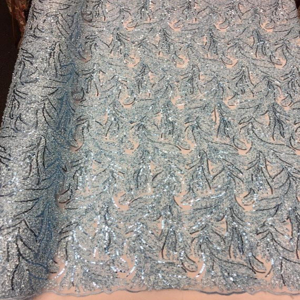 Baby Blue Cozy Pop Thread Floral Sequins Lace Fabric - Fashion Fabrics LLC