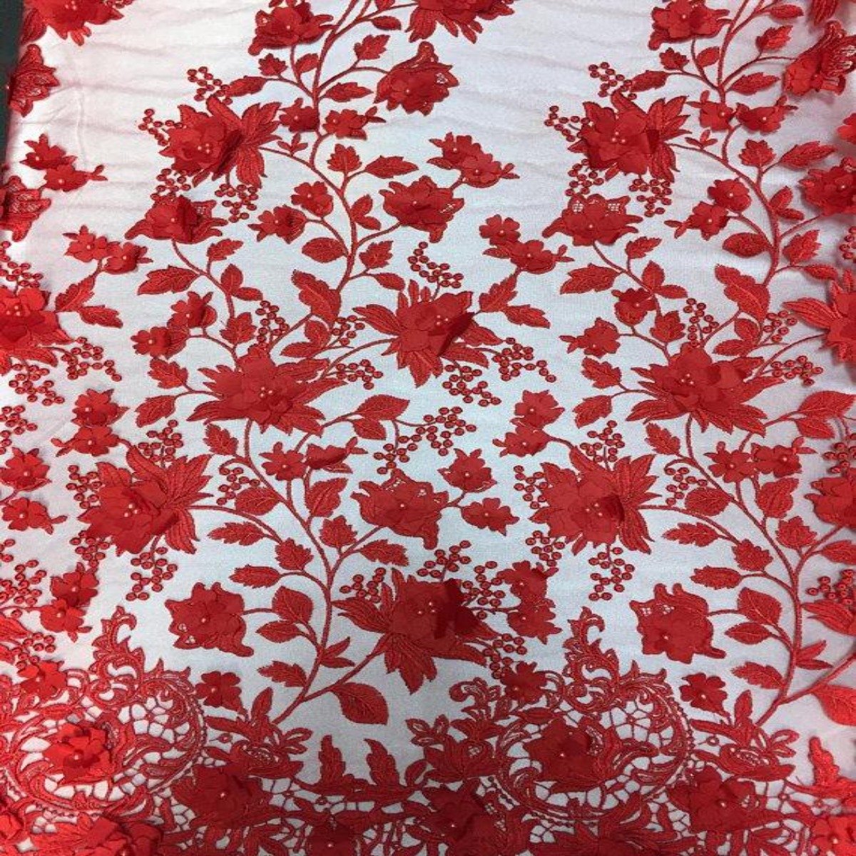 Red 3D Embroidered Satin Floral Pearl Lace Fabric - Fashion Fabrics LLC