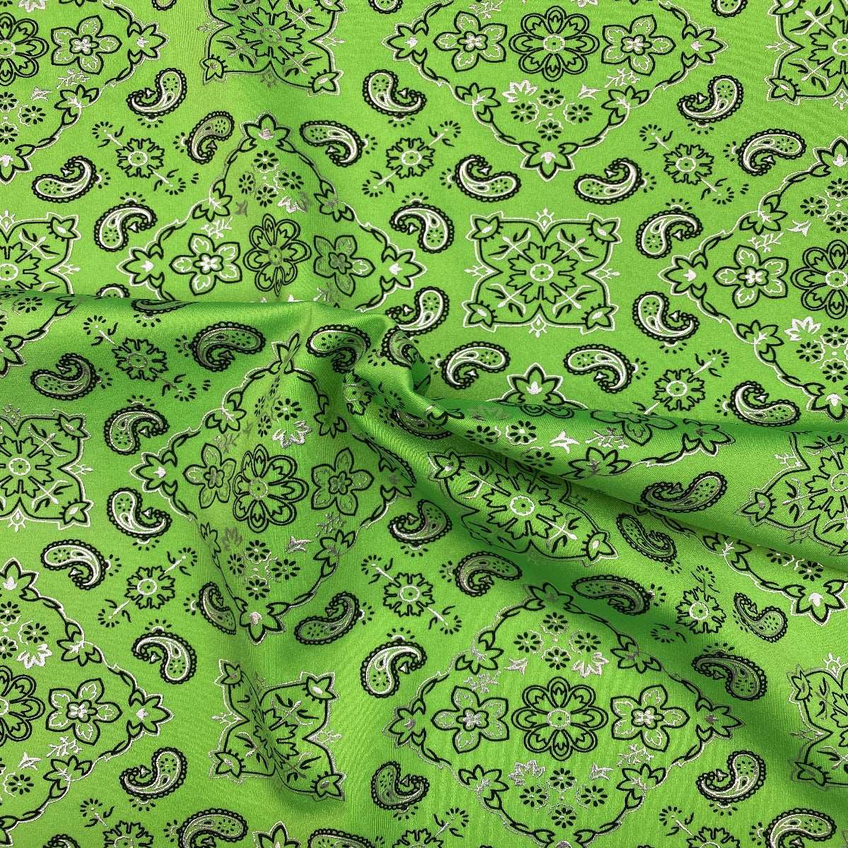 Neon Lime Green Bandanna Paisley Spandex Fabric - Fashion Fabrics Los Angeles