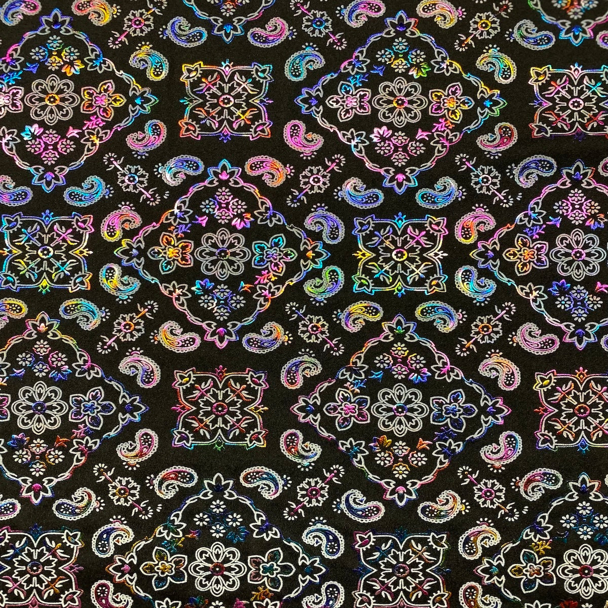 Rainbow Black Two Tone Bandana Paisley Spandex Fabric - Fashion Fabrics LLC