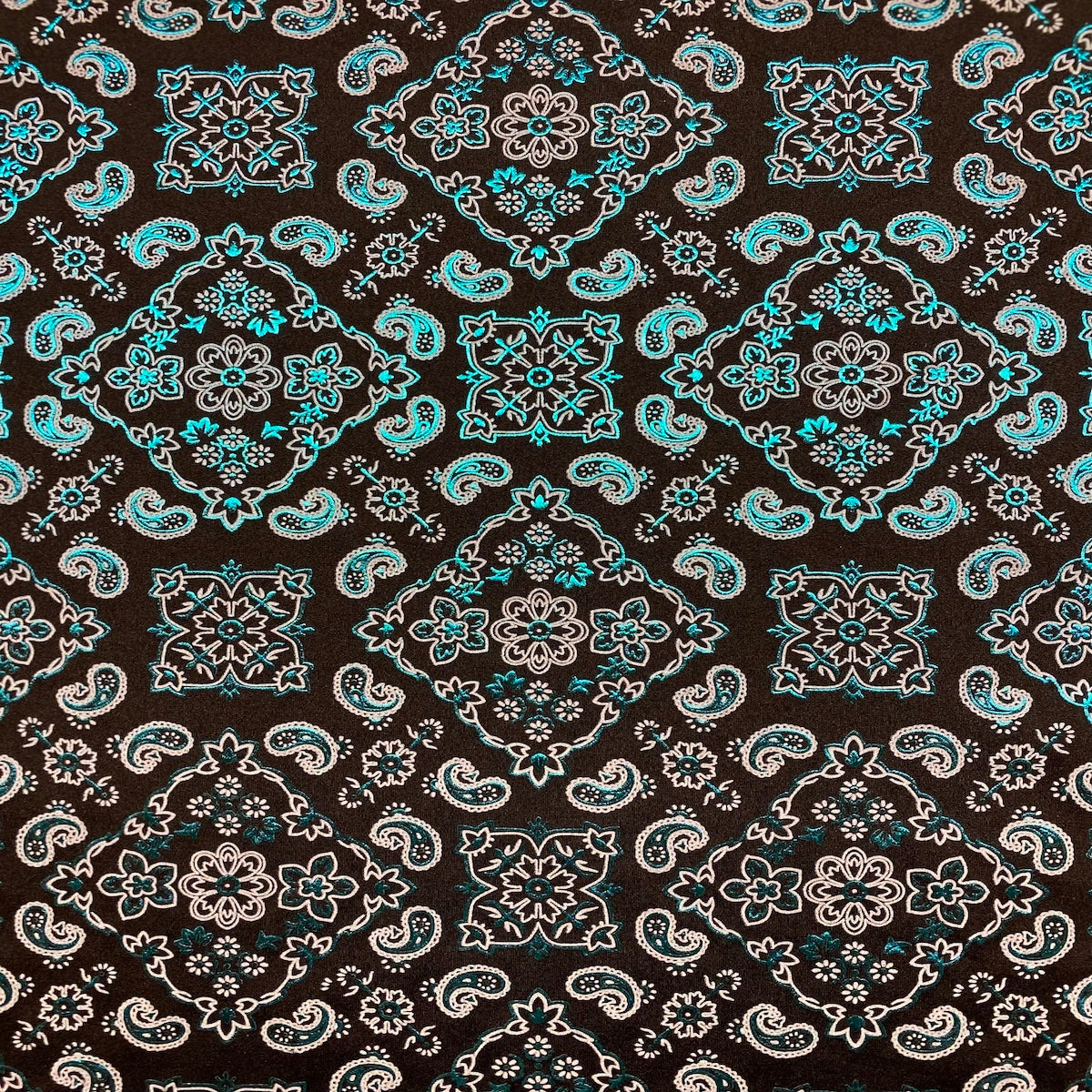 Turquoise Blue Black Two Tone Bandana Paisley Spandex Fabric - Fashion Fabrics LLC