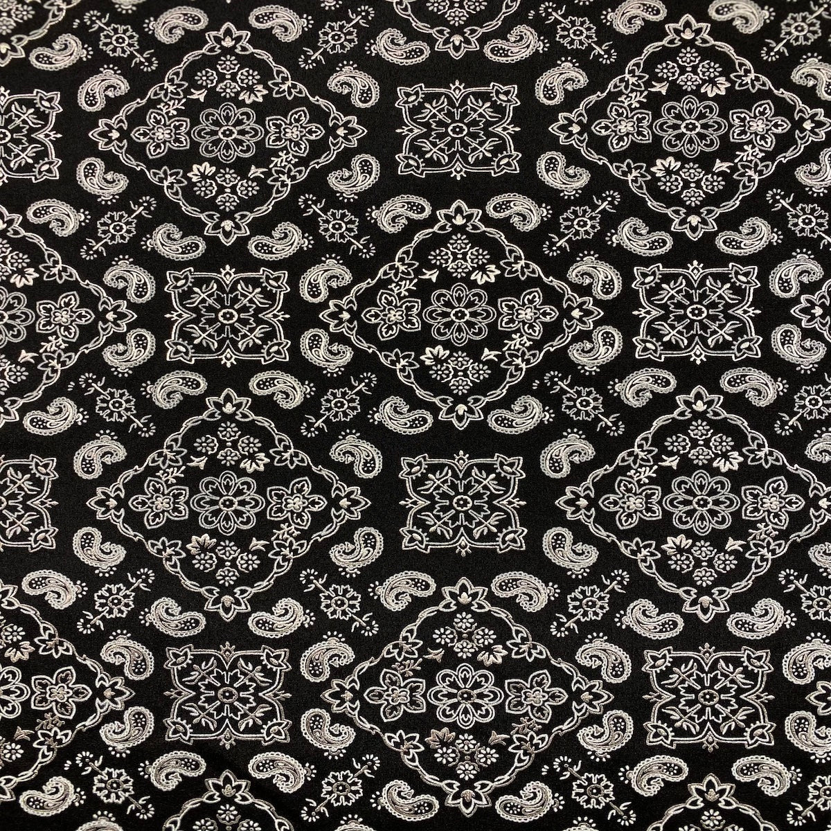 Silver Black Two Tone Bandana Paisley Spandex Fabric - Fashion Fabrics LLC