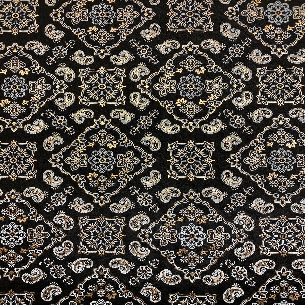 Gold Black Two Tone Bandana Paisley Spandex Fabric - Fashion Fabrics LLC