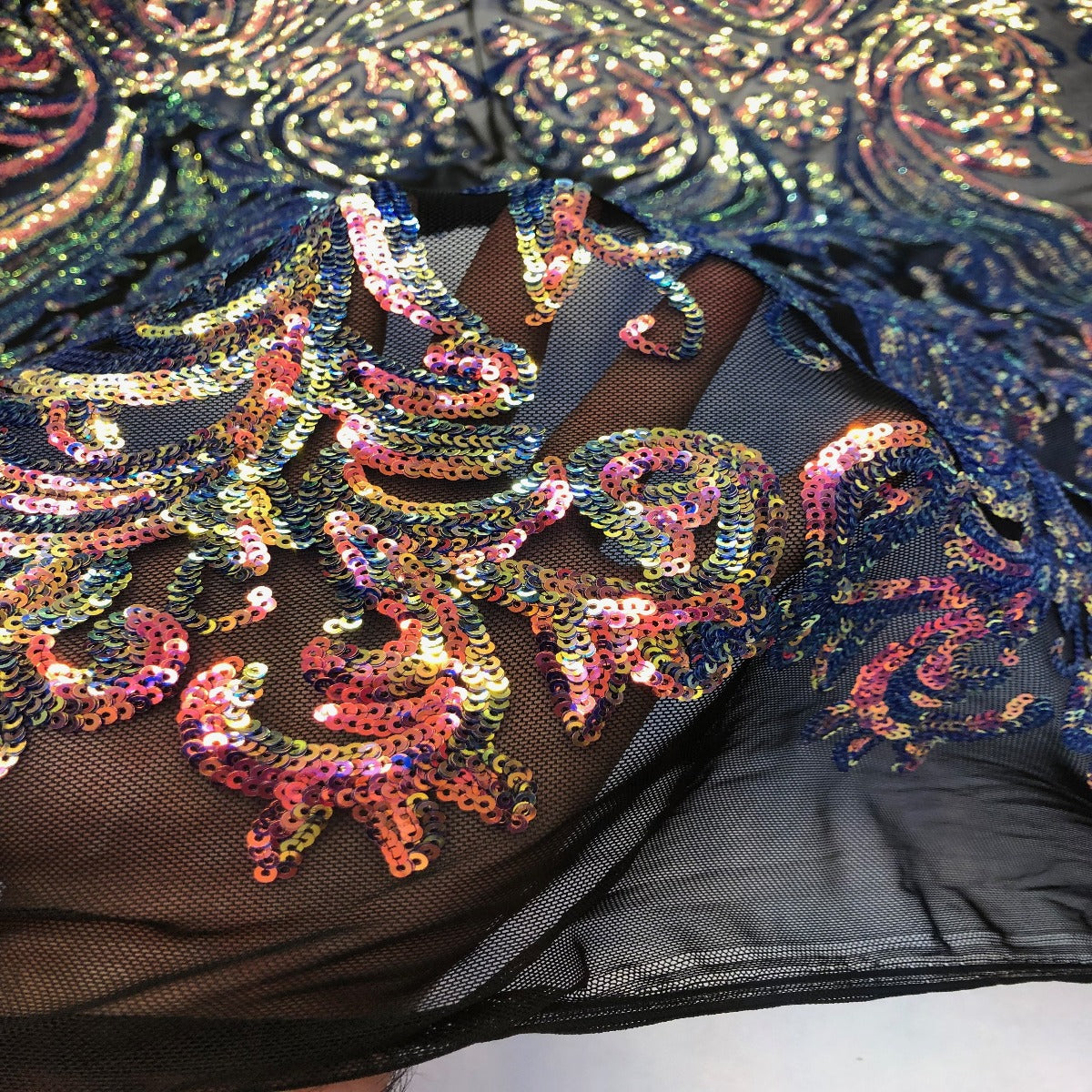 Rainbow Iridescent | Black Mesh Catina Sequins Lace Fabric