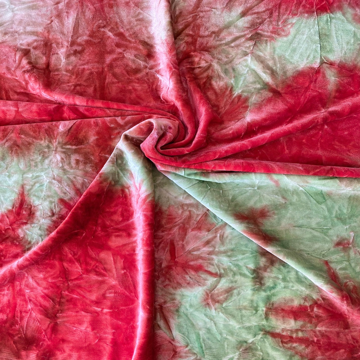 Red Green Tie Dye Stretch Velvet Fabric - Fashion Fabrics LLC