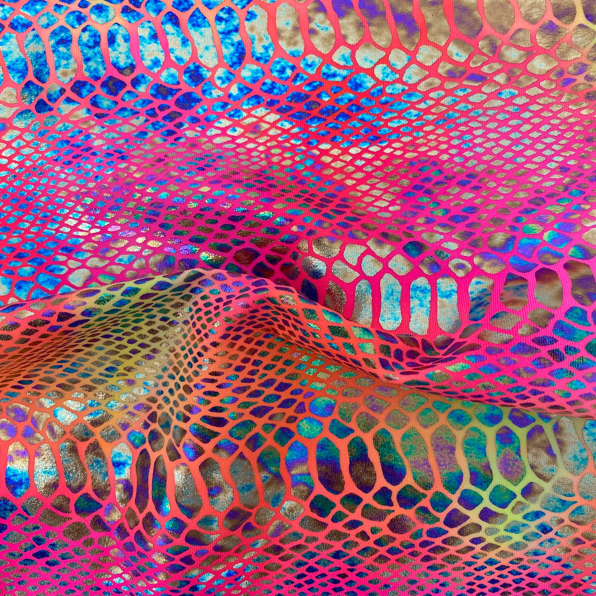 Pink | Orange Holographic Tie Dye Taipan Snakeskin Nylon Spandex Fabric - Fashion Fabrics LLC