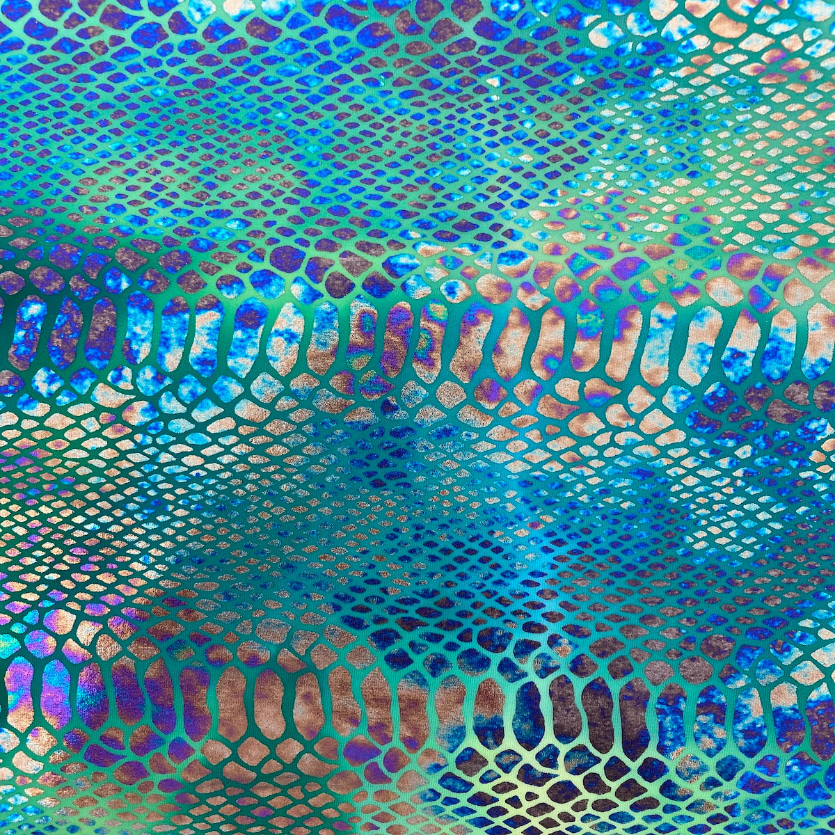 Lime Green | Blue Holographic Tie Dye Taipan Snakeskin Nylon Spandex Fabric - Fashion Fabrics LLC