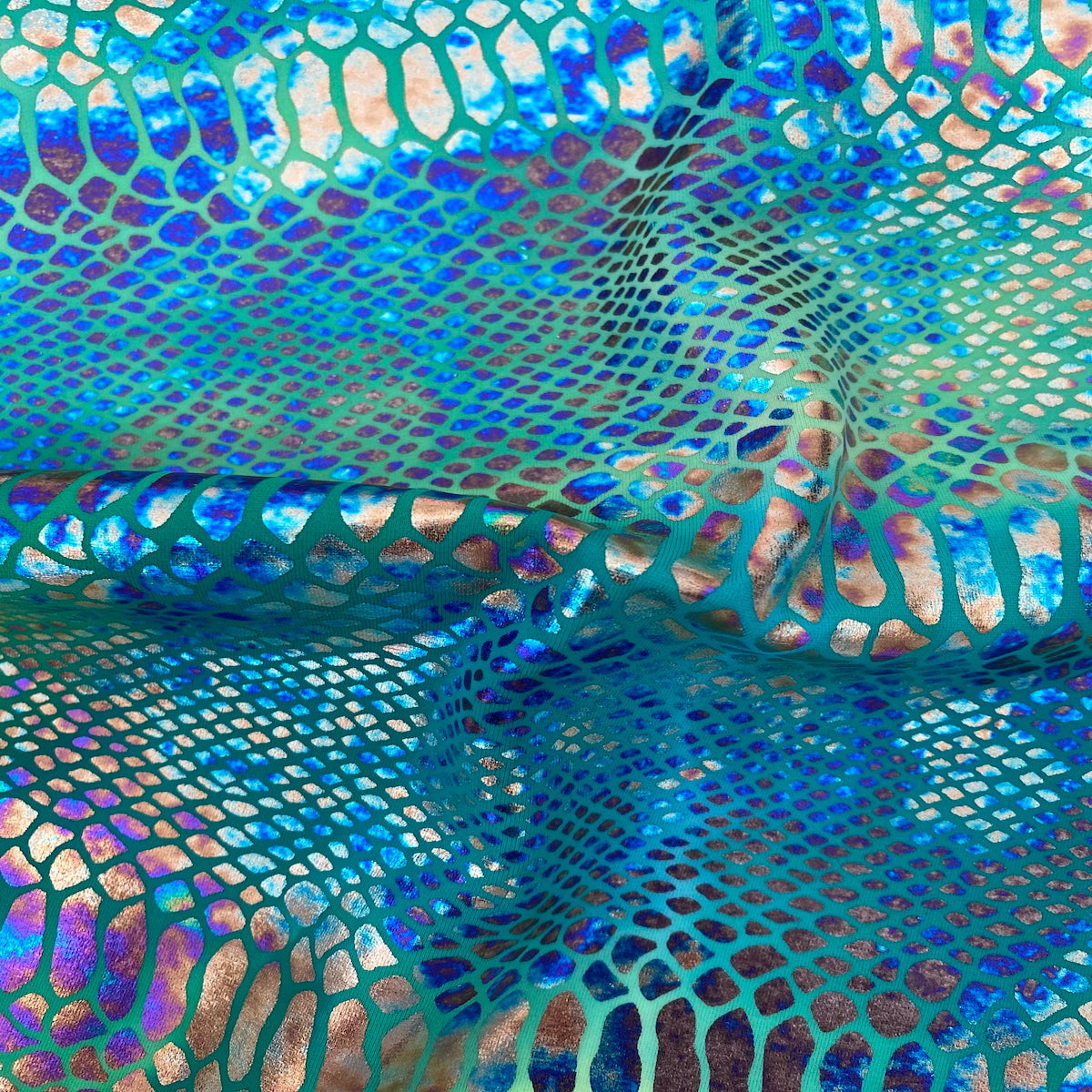 Lime Green | Blue Holographic Tie Dye Taipan Snakeskin Nylon Spandex Fabric - Fashion Fabrics LLC