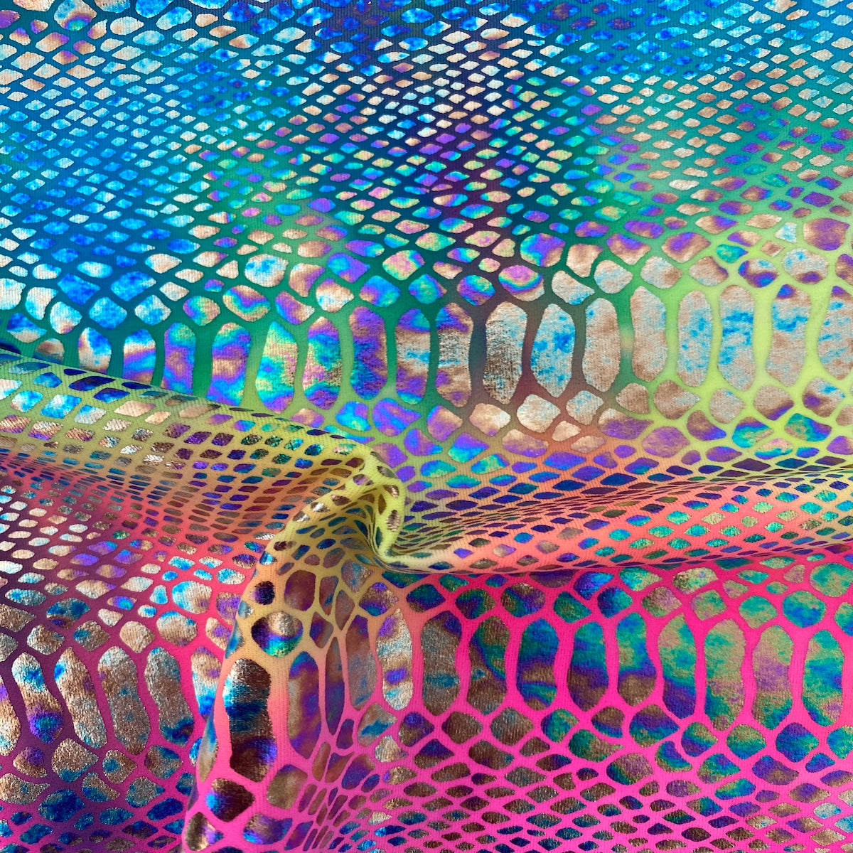 Rainbow Holographic Tie Dye Taipan Snakeskin Nylon Spandex Fabric - Fashion Fabrics LLC