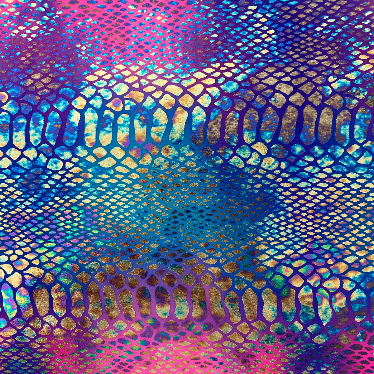 Pink | Blue Holographic Tie Dye Taipan Snakeskin Nylon Spandex Fabric - Fashion Fabrics LLC