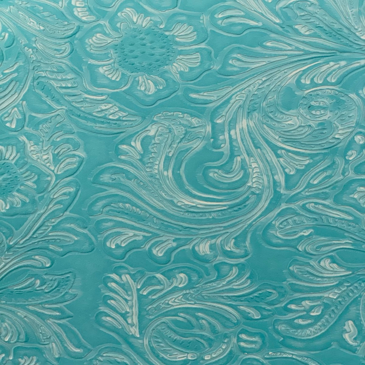 Aqua Blue Western Floral PU Faux Leather Vinyl Fabric - Fashion Fabrics LLC