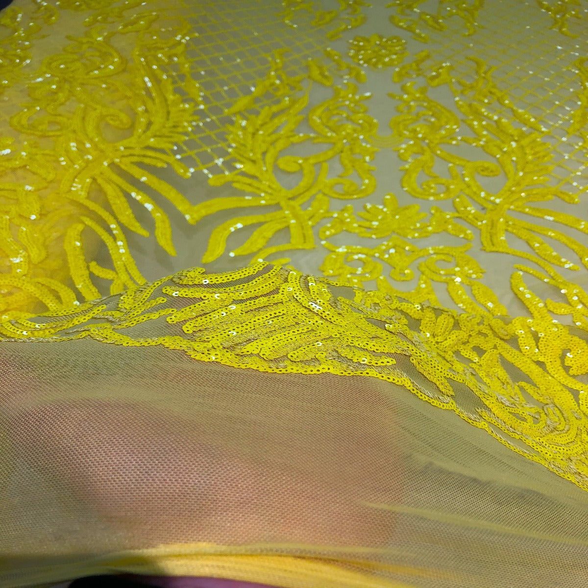 Neon Yellow Luna Damask Stretch Sequins Wedding Prom Lace Fabric
