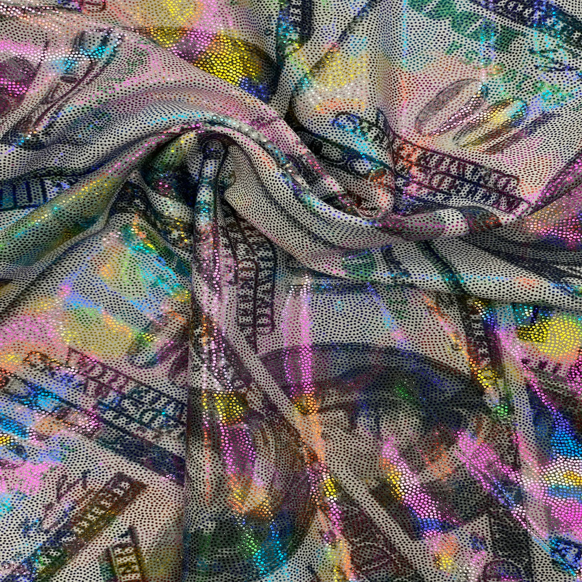 Rainbow Hologram Mystique Money Print Spandex Fabric - Fashion Fabrics LLC