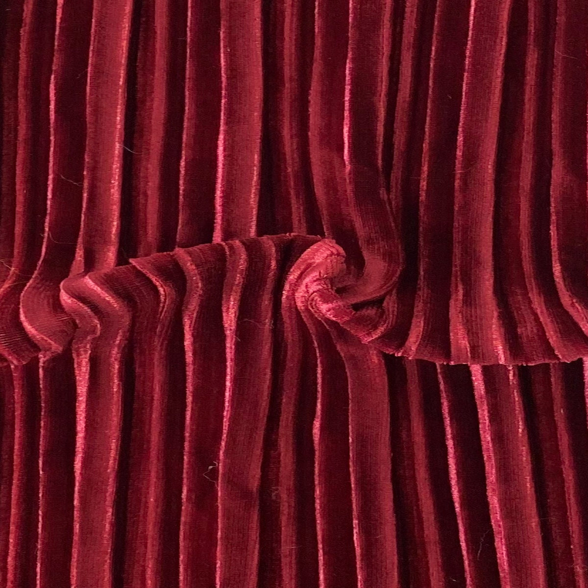 Maroon Red Pleated Stretch Velvet Fabric - Fashion Fabrics LLC