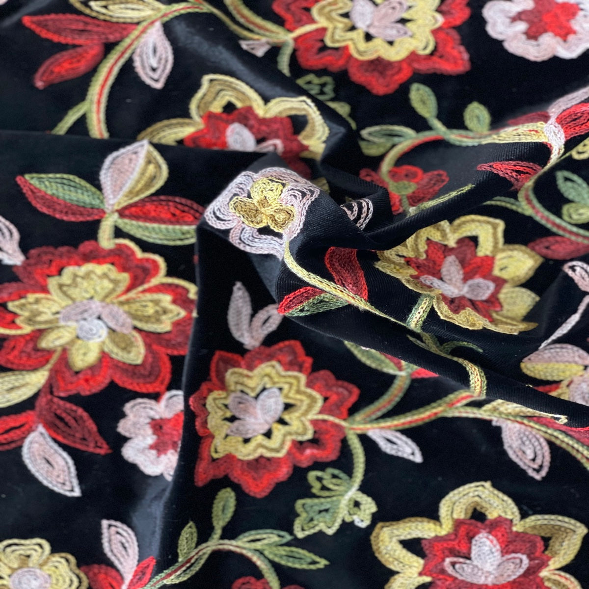 Red Multicolor Briony Floral Embroidered Stretch Velvet Fabric - Fashion Fabrics LLC