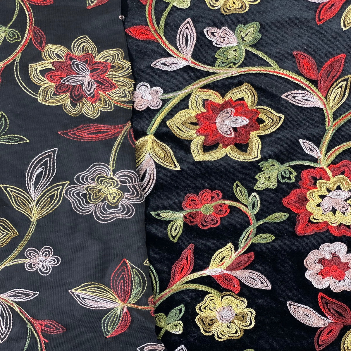 Red Multicolor Briony Floral Embroidered Stretch Velvet Fabric - Fashion Fabrics LLC