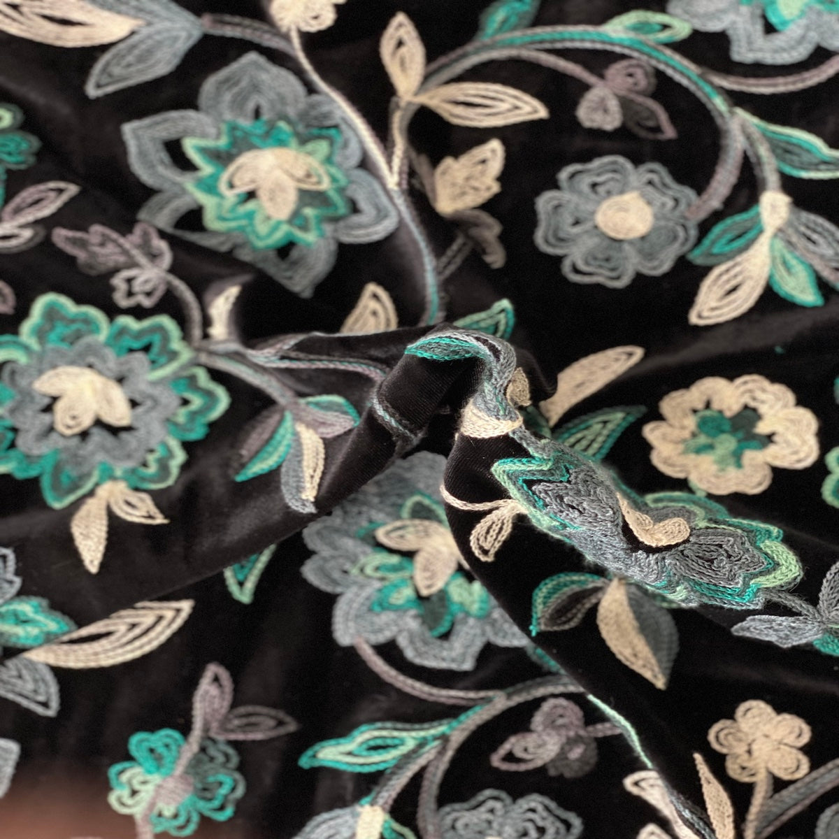 Teal Blue Multicolor Briony Floral Embroidered Stretch Velvet Fabric - Fashion Fabrics LLC