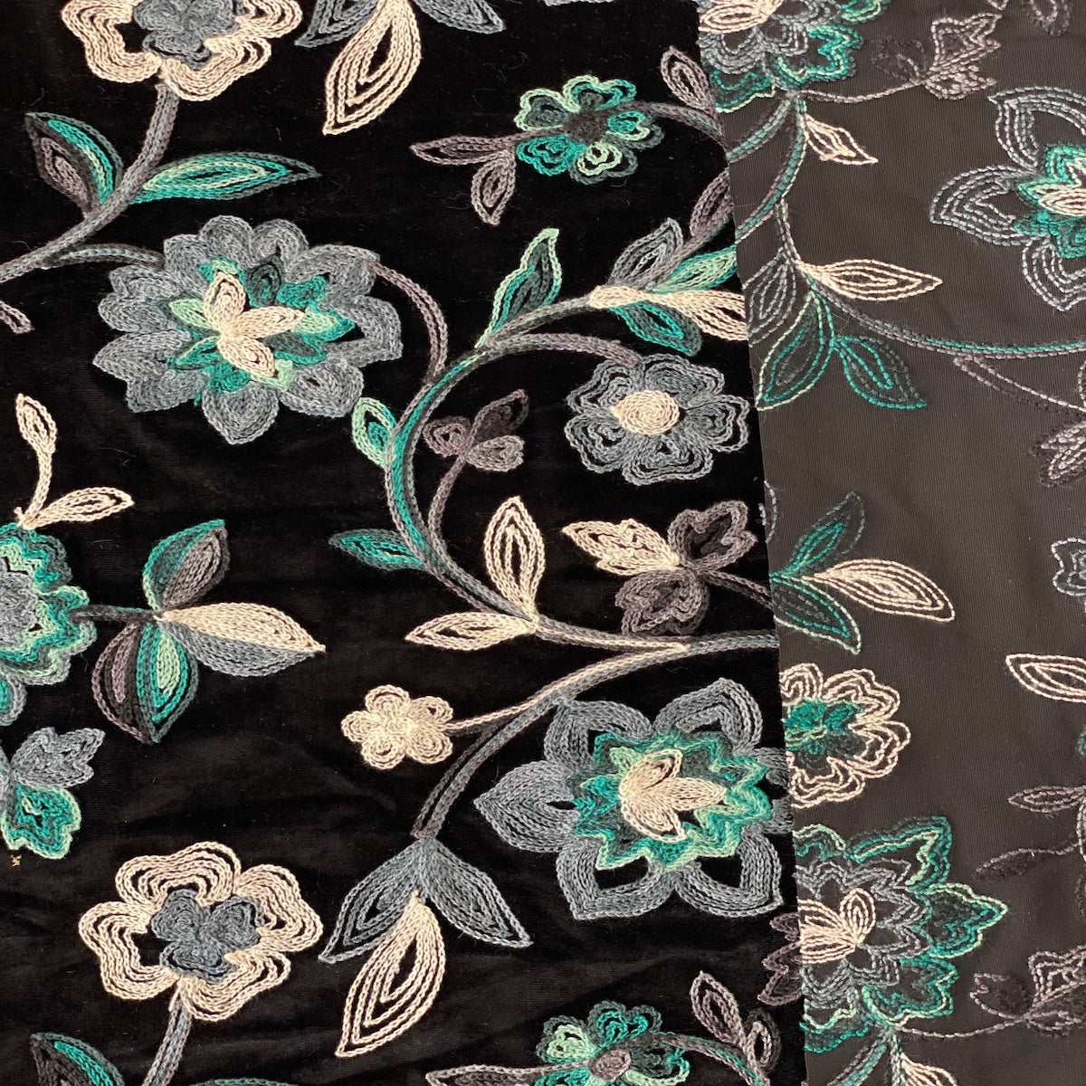 Teal Blue Multicolor Briony Floral Embroidered Stretch Velvet Fabric - Fashion Fabrics LLC