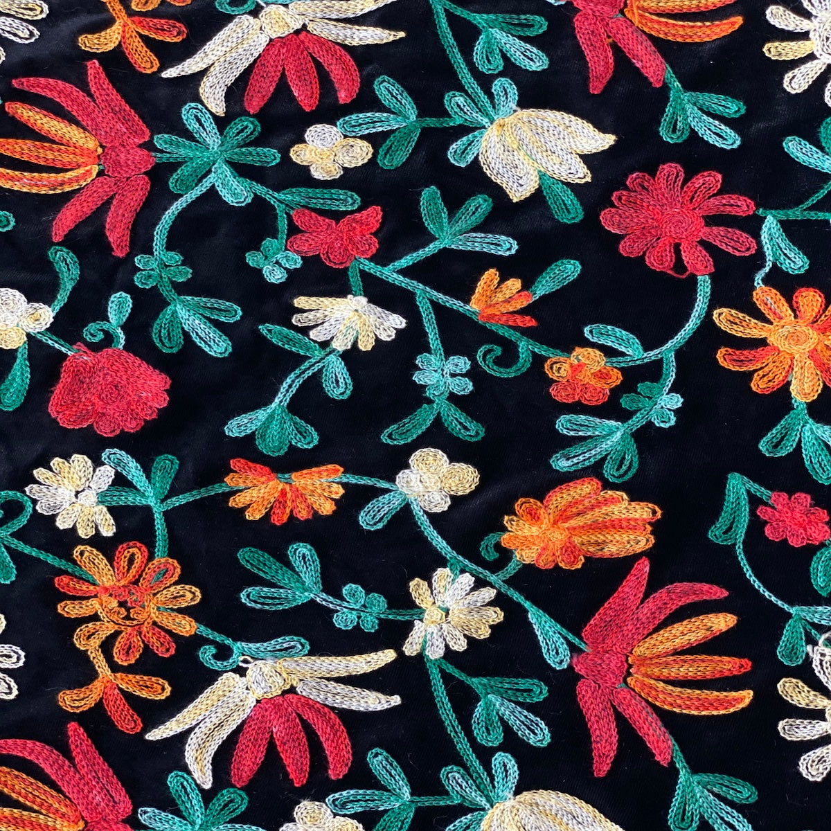 Teal Red Multicolor Briony Floral Embroidered Stretch Velvet Fabric - Fashion Fabrics LLC