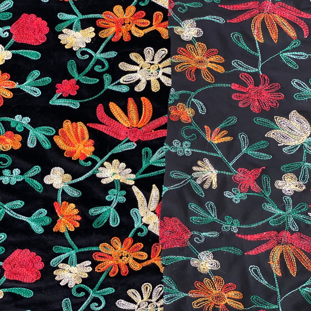 Teal Red Multicolor Briony Floral Embroidered Stretch Velvet Fabric - Fashion Fabrics LLC