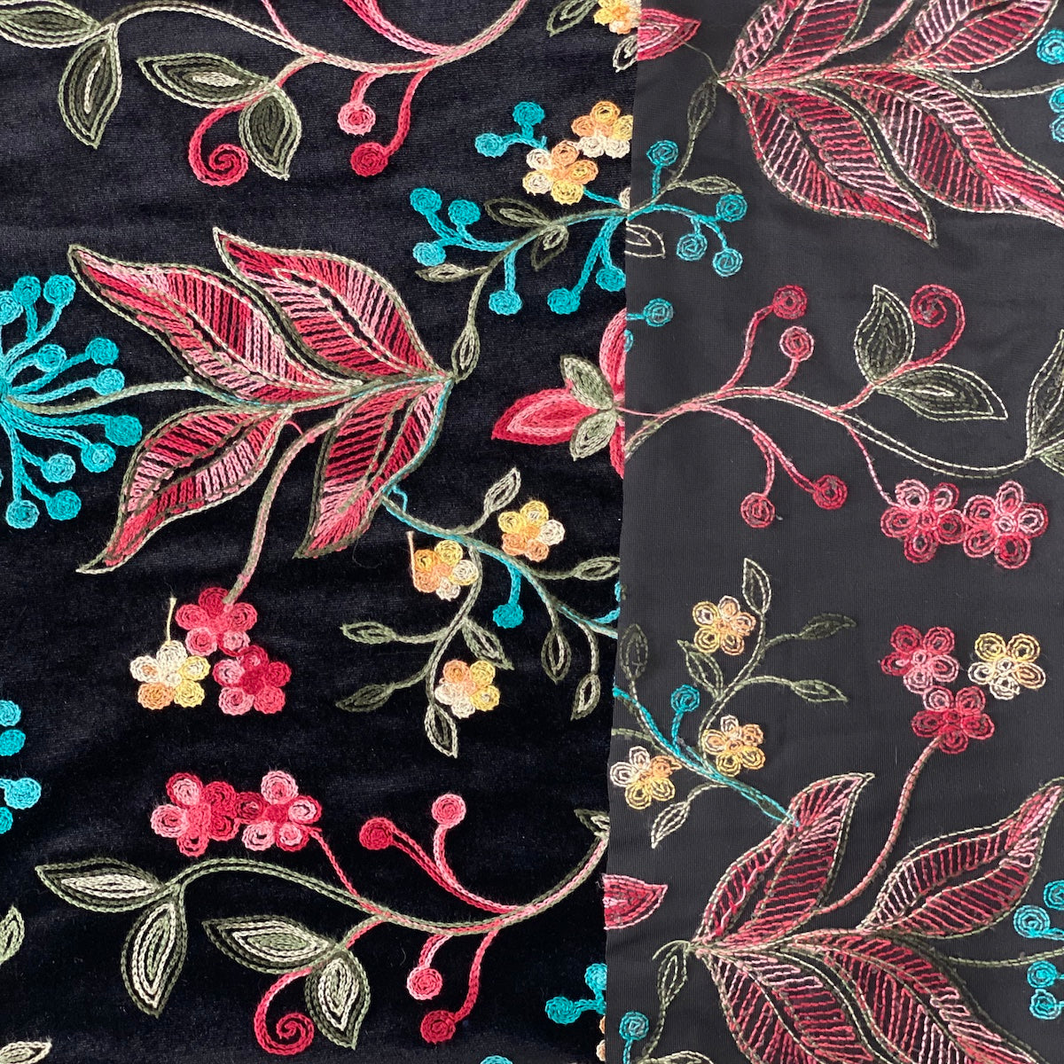 Rose Pink Blue Multicolor Briony Floral Embroidered Stretch Velvet Fabric - Fashion Fabrics LLC