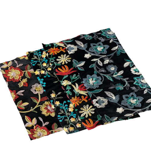 Teal Red Multicolor Briony Floral Embroidered Stretch Velvet Fabric - Fashion Fabrics LLC